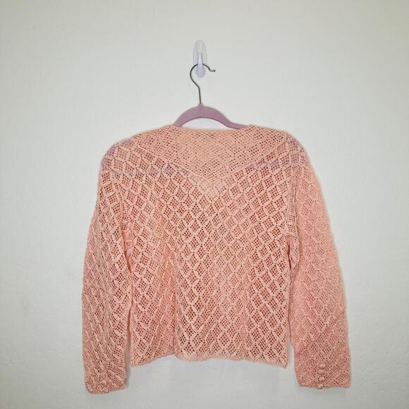 Lim's Vintage Hand Crocheted Cotton Button Down Cardigan Sweater Salmon Pink Med - Picture 4 of 5